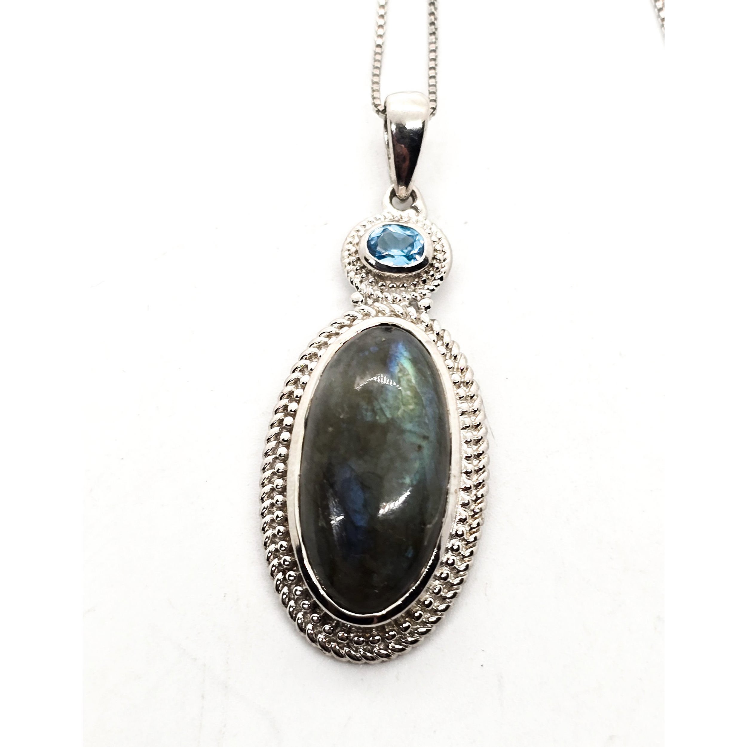 Labradorite blue topaz gemstone sterling plated pendant necklace