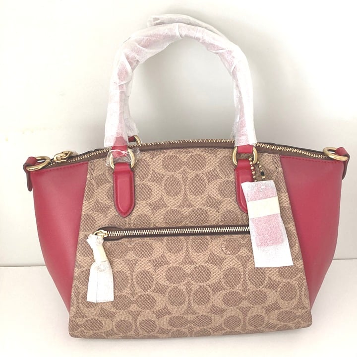NWT Coach 79364 Elise Satchel Bag In Signature Canvas Tan Red apple Crossbody
