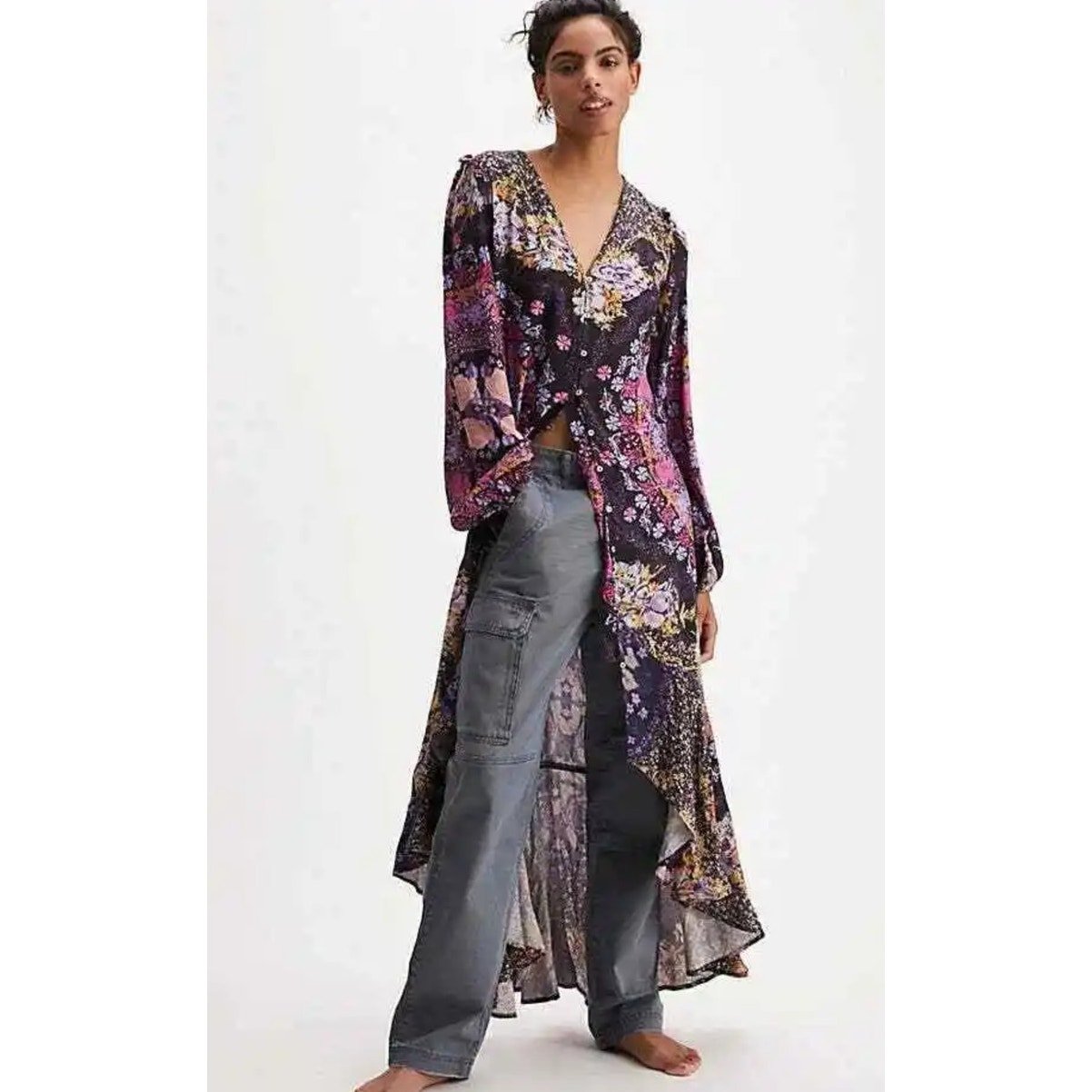 New Free People Marais Floral Long Sleeve Midi Dress 168 X-SMALL Boho