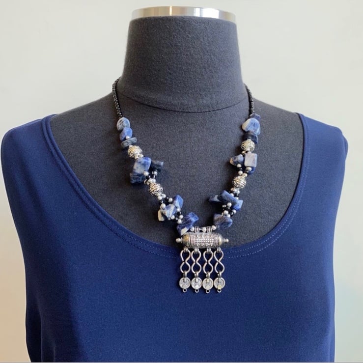 Vintage Handmade Moroccan Berber Beaded Blue Silver Pendant Tribal Necklace