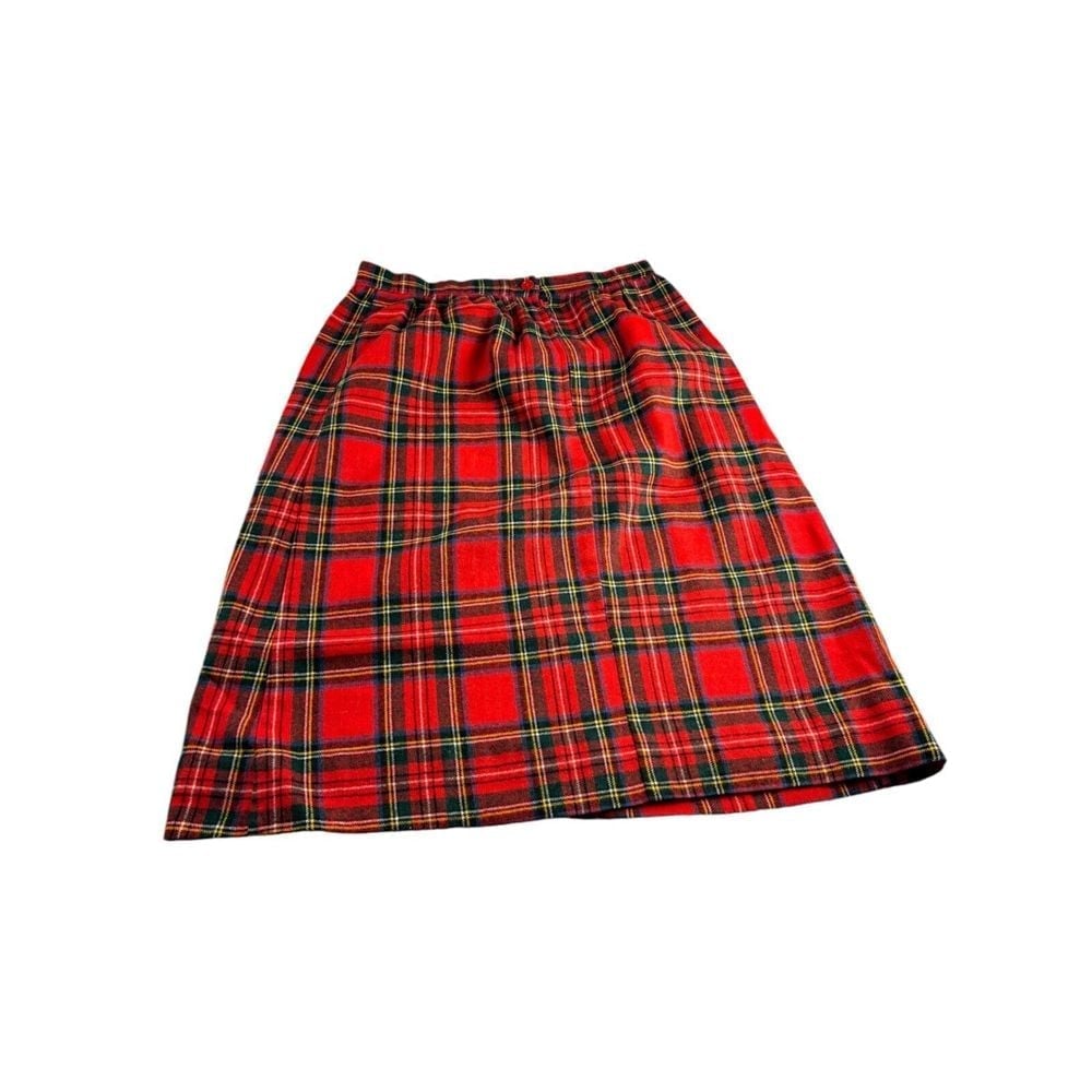 mid length red plaid skirt