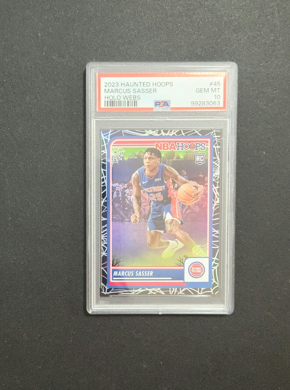PSA Graded 10 Gem Mint 2023 Haunted Hoops Marcus Sasser Holo Webs Rookie Card