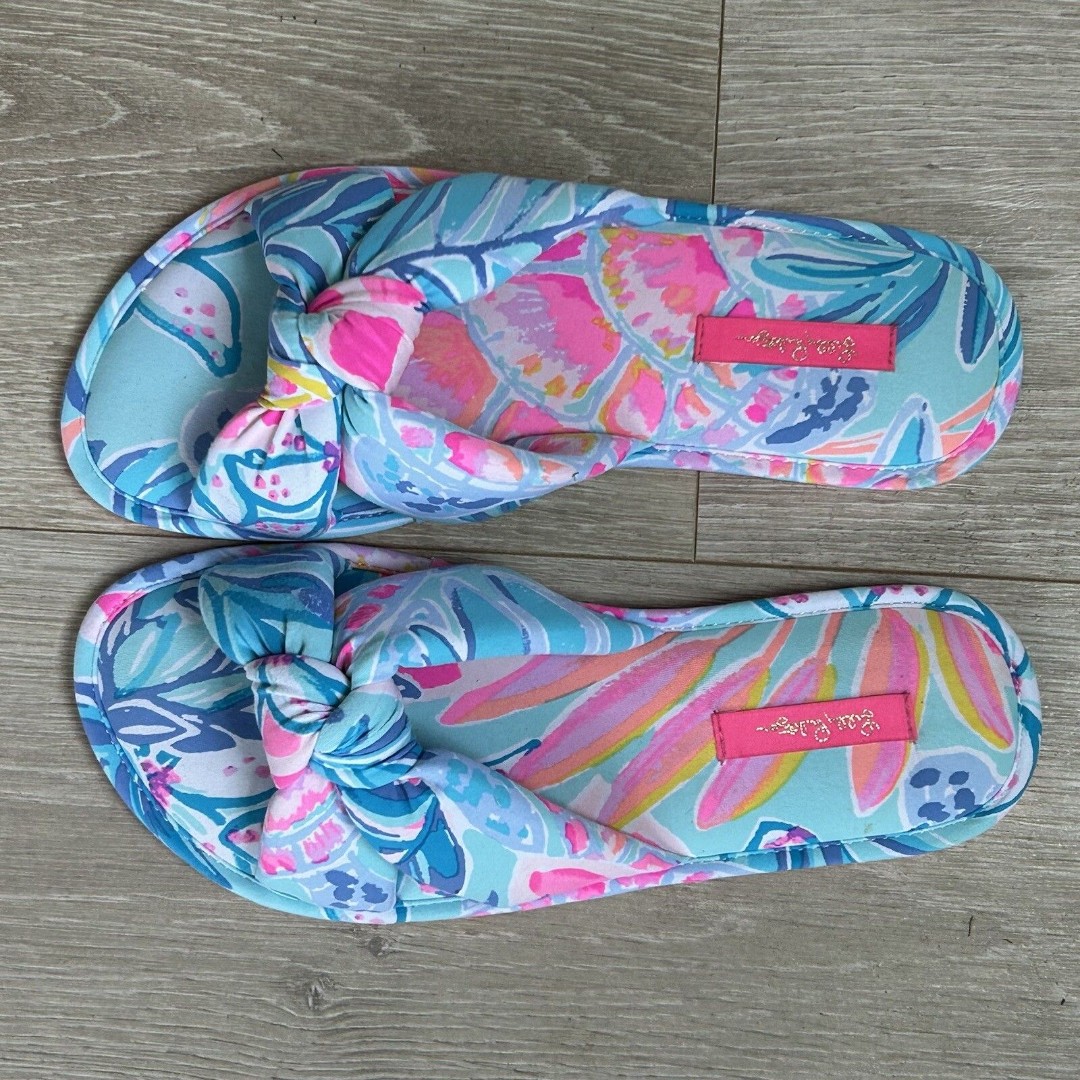 Lilly Pulitzer Pool Slippers Slide Sea Glass Size 8 Pink Aqua Rainforest Retreat