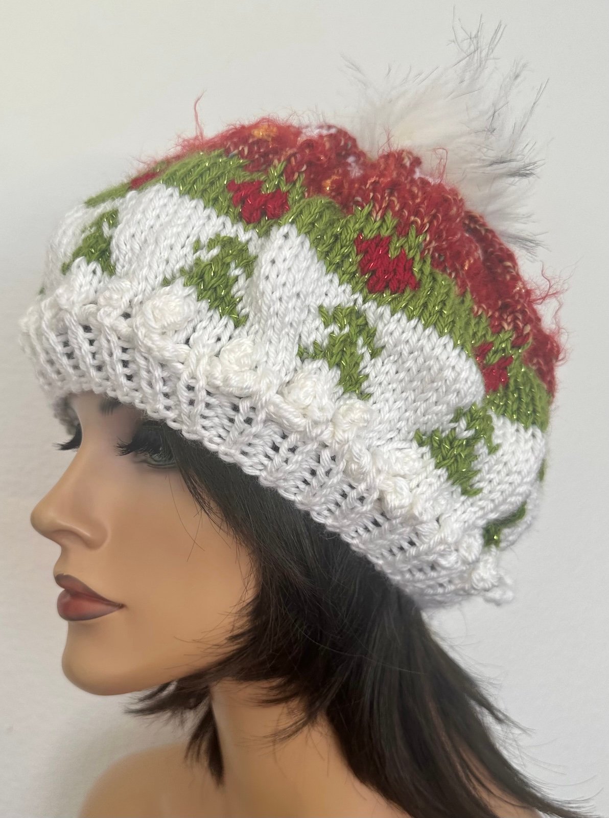 Hand Knits 2 Love Slouch Beanie Hat Christmas Trees Hearts Fair-isle Designer