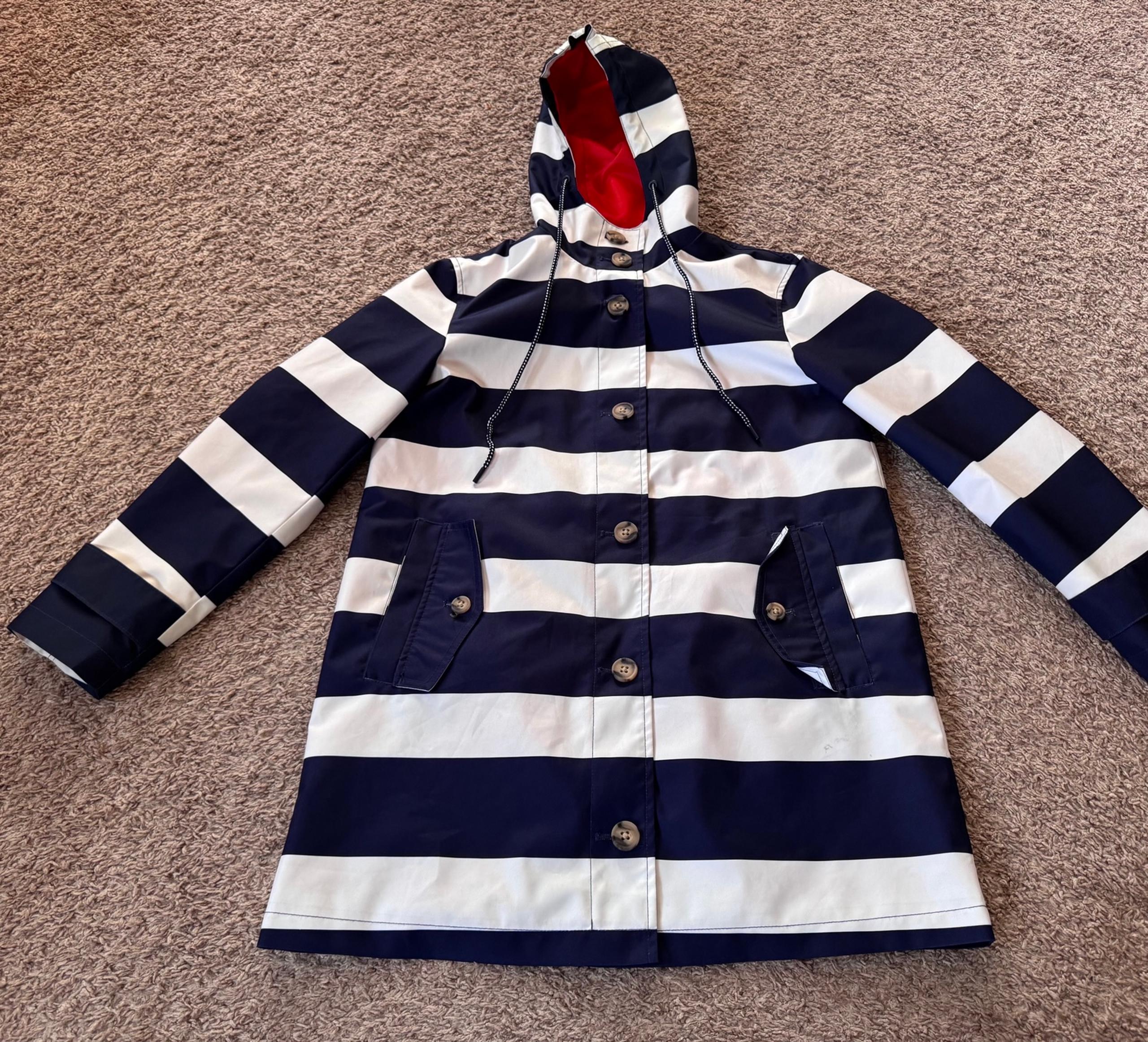 Lands End Windbreaker Blue White Stripe Button Hooded Coat Women Size XS (2-4)