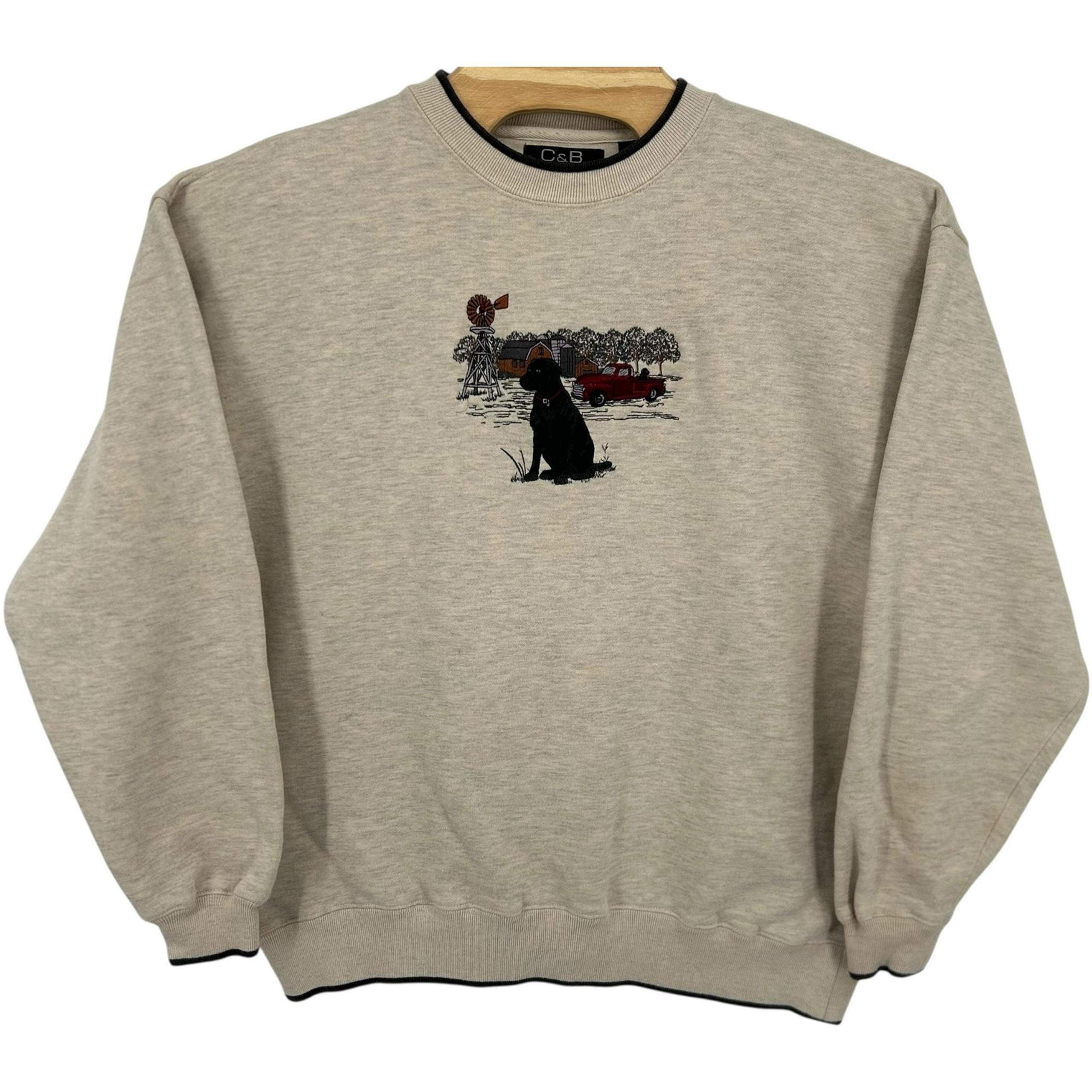 Vintage 90s y2k Men's Cream Croft & Barrow Black Lab Farm Crewneck Sweatshirt XL
