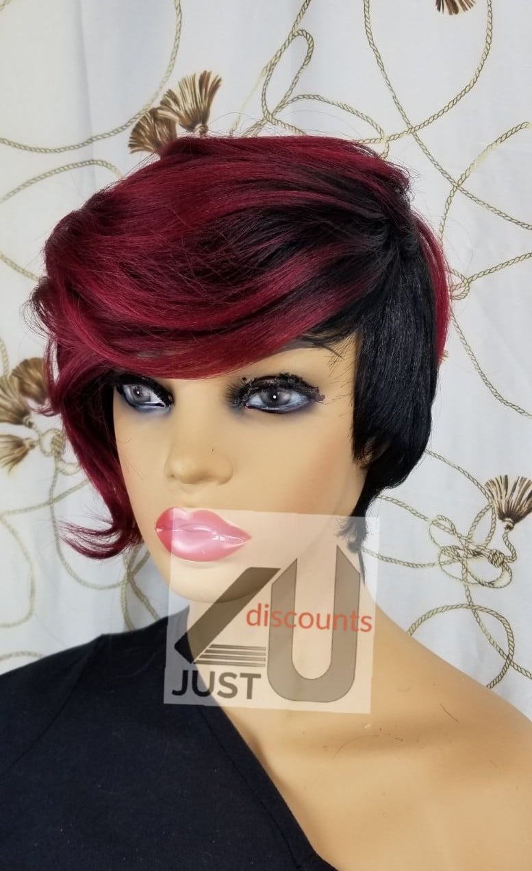 Burgundy black root pixie wig