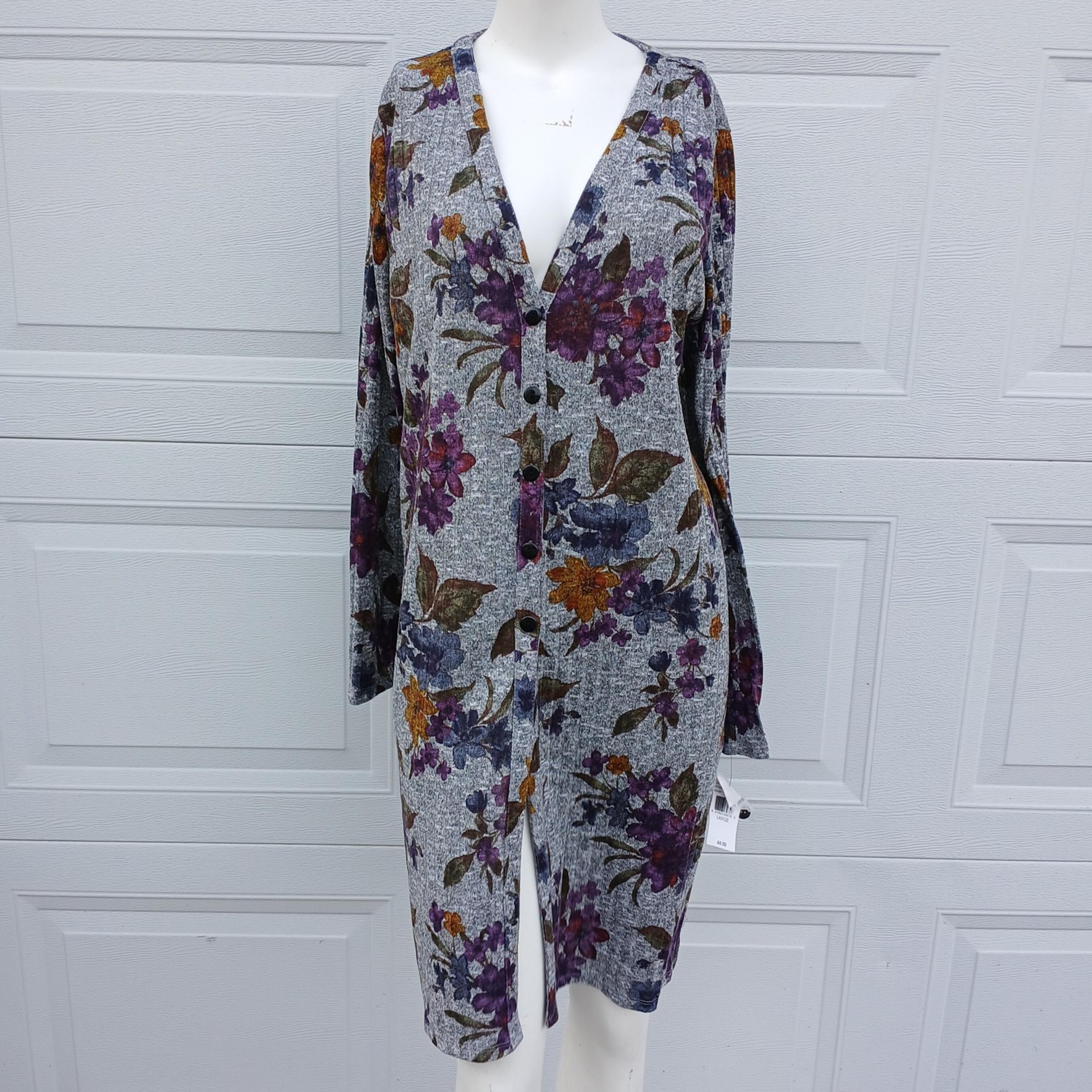 NEW NWT BCX Long Cardigan Duster size L Large Gray Purple Floral Print Tunic Top
