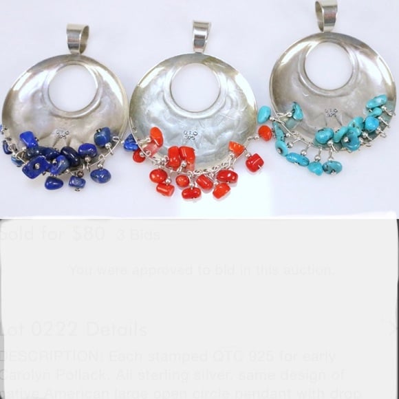 NEW Lot of 3 Carolyn Pollack Sterl Silver Pendants in Turquoise, Coral & Lapis