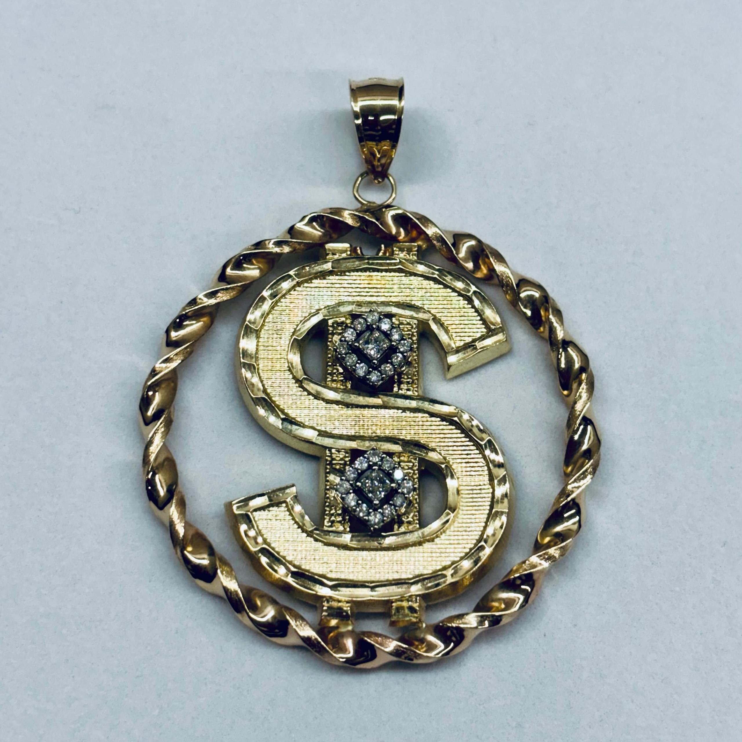 1/2 Ct 10k Yellow Gold Princess Cut Diamond $ Dollar Sign Money Pendant Charm