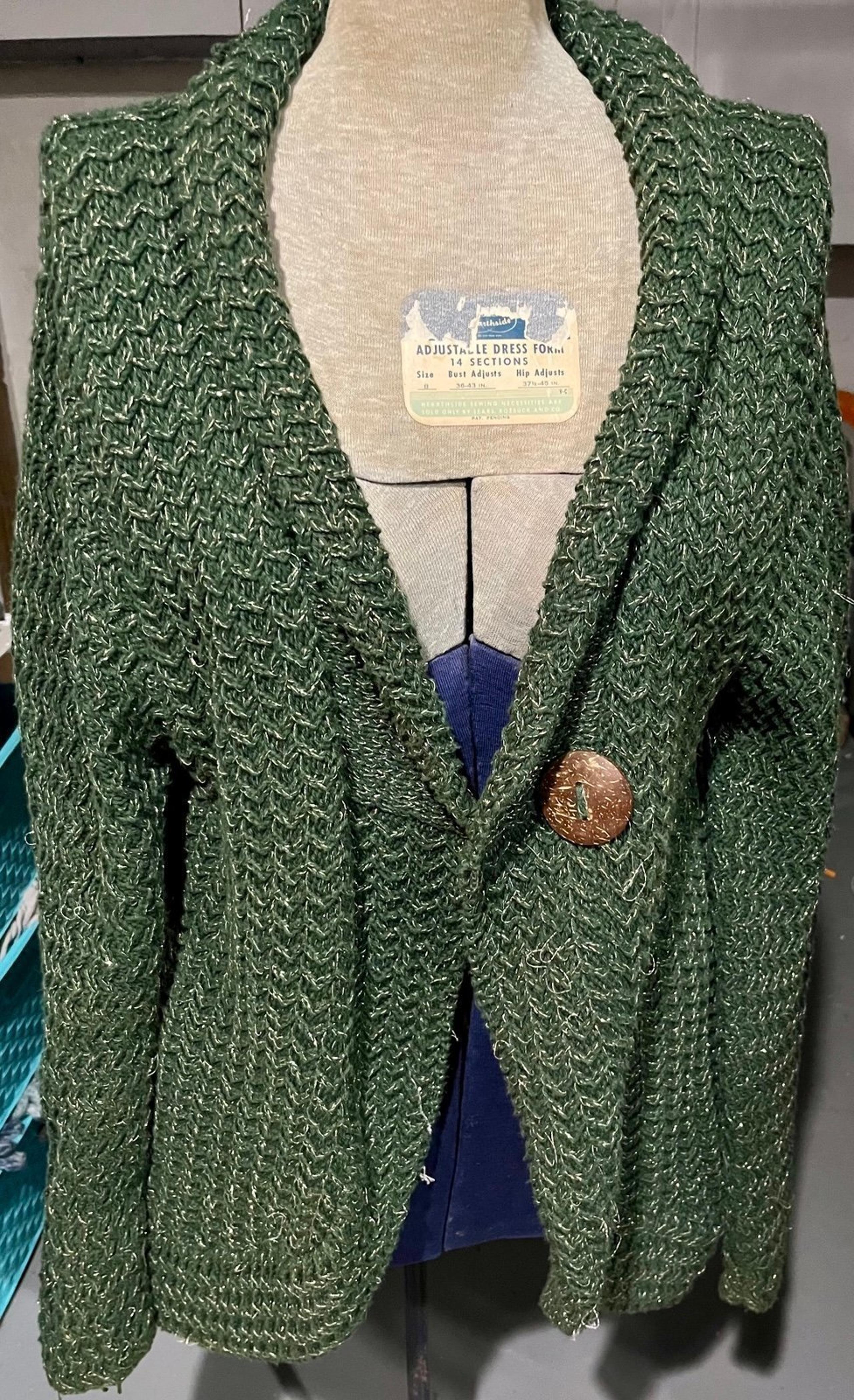 Pure Handknit green & gold sweater 100% cotton chunky knit XL!