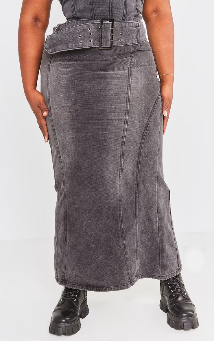 NWT Boohoo Plus Size Black Denim Maxi Skirt with Buckle