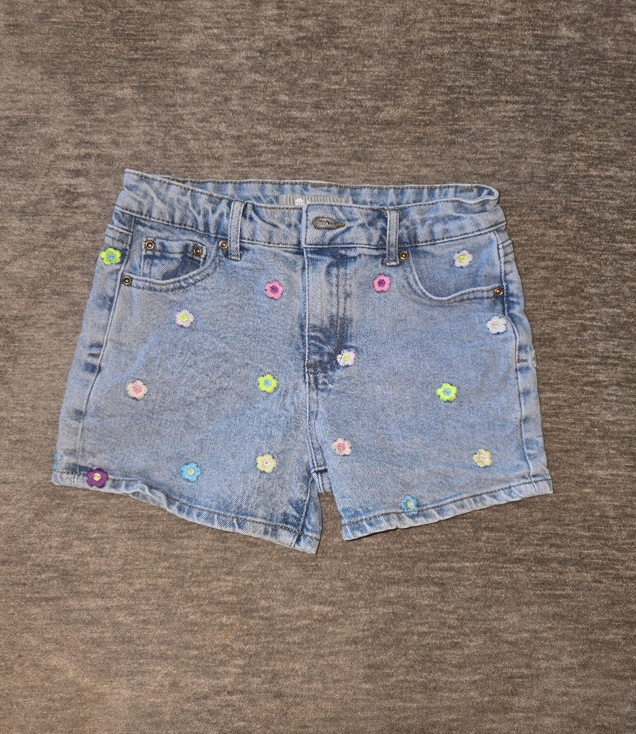 Tractr Big Girl's Flower Embroidered Denim Jean Shorts, Size 14