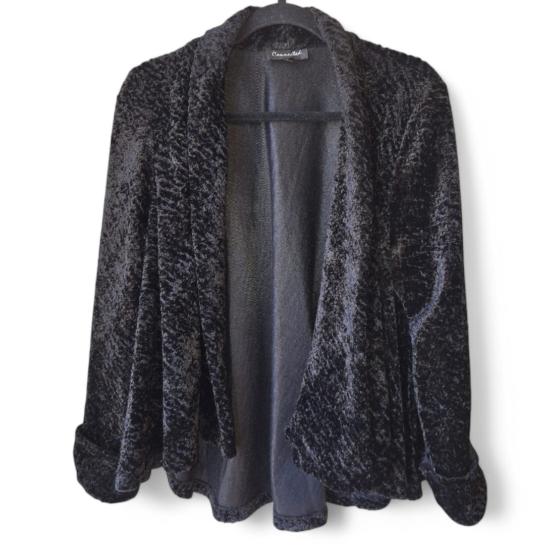 Connected Women's Cape Cardigan Size M Black Velvet Jacket Cuffed Sleeve Luxury