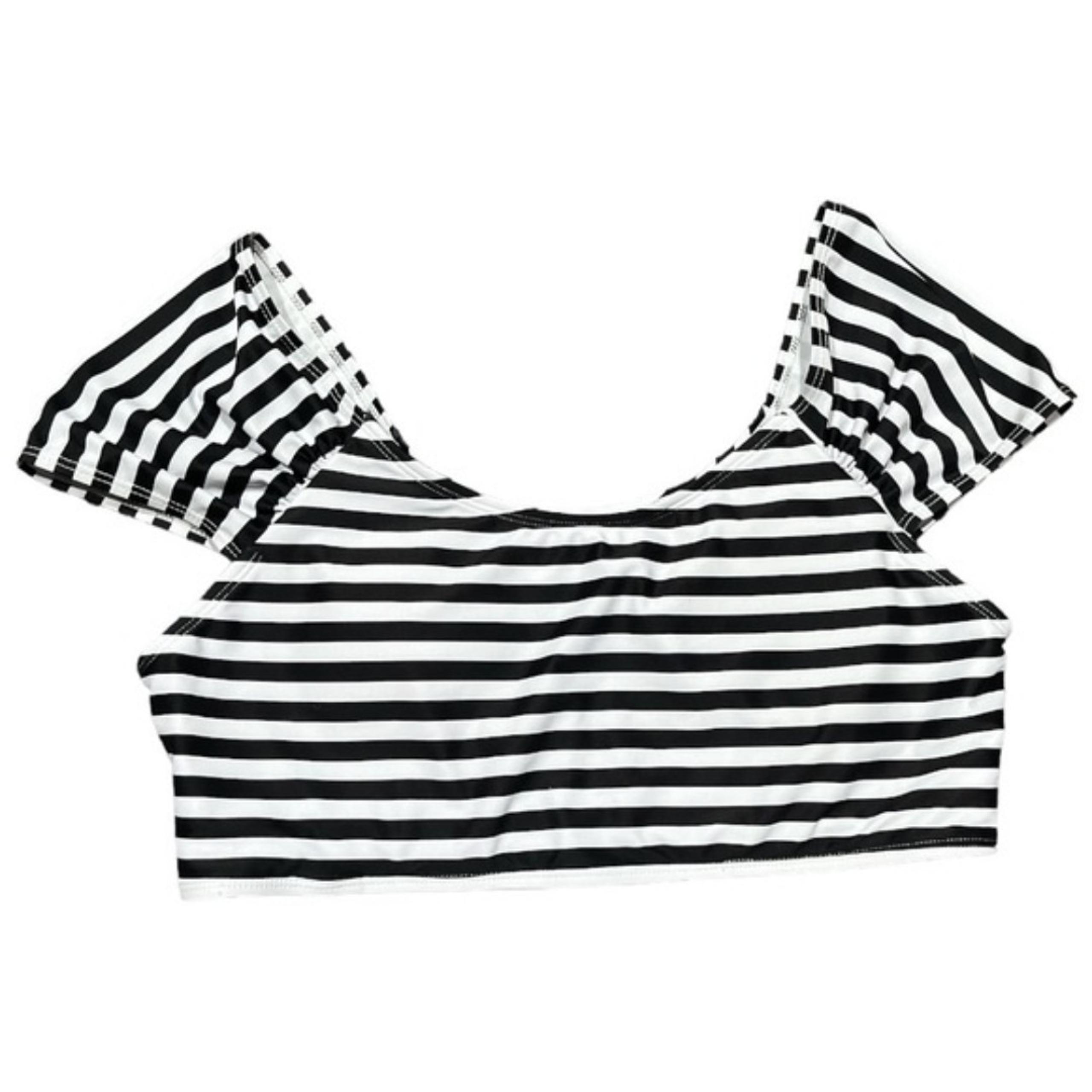 Rose Gal Black & White Striped Bikini Top with Cap Sleeve Size L