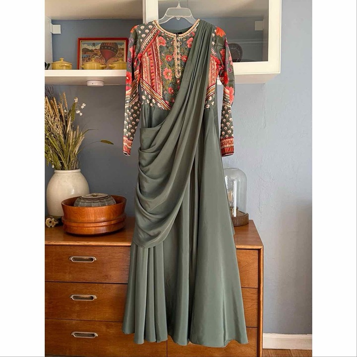 Wishful x Sahil Kochhar Green Printed Maxi Saree Dress Beaded Embroidered
