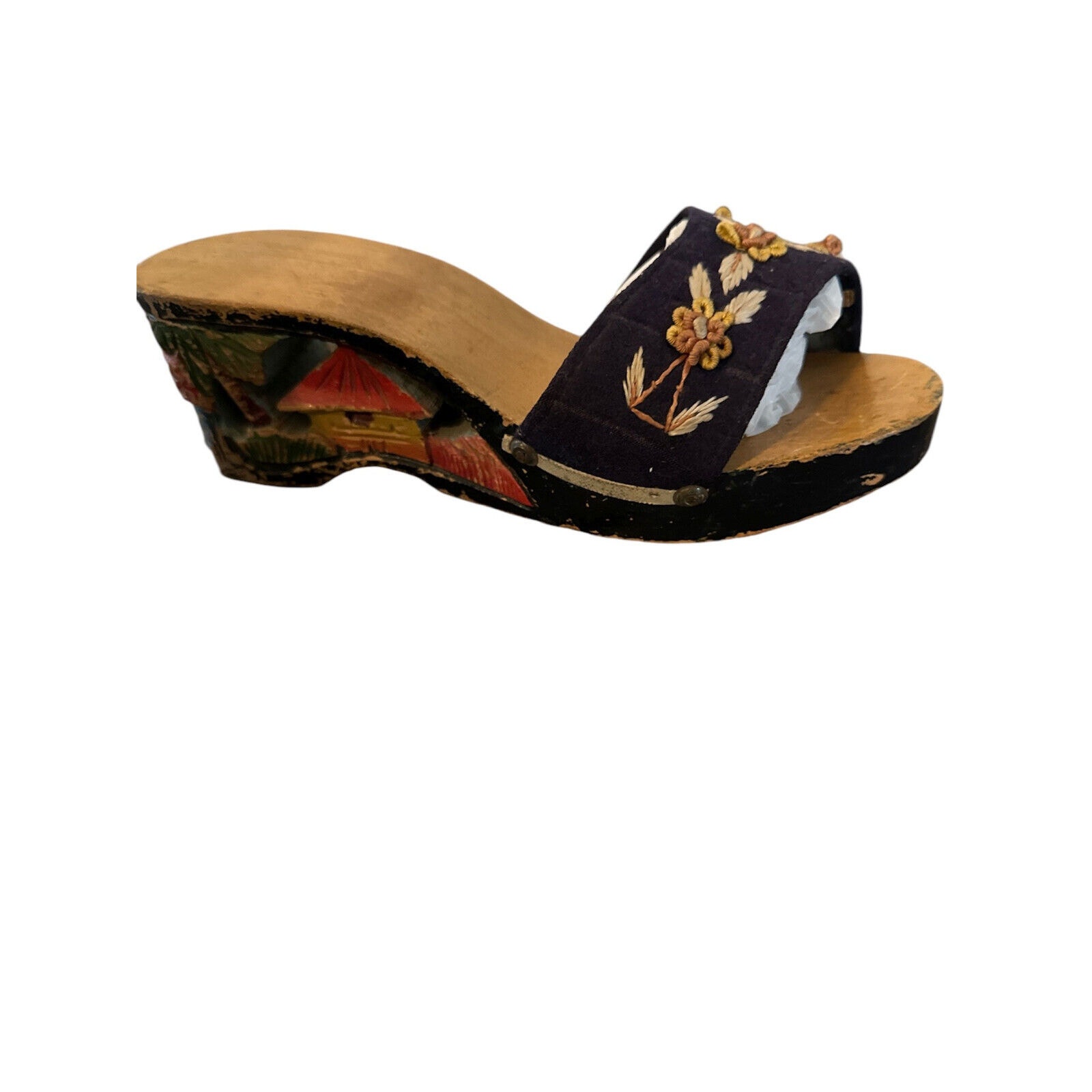 Vintage 1940s Asian Carved Tiki Hut Palm Trees Open Toe Wood Clog Bakya HEELS