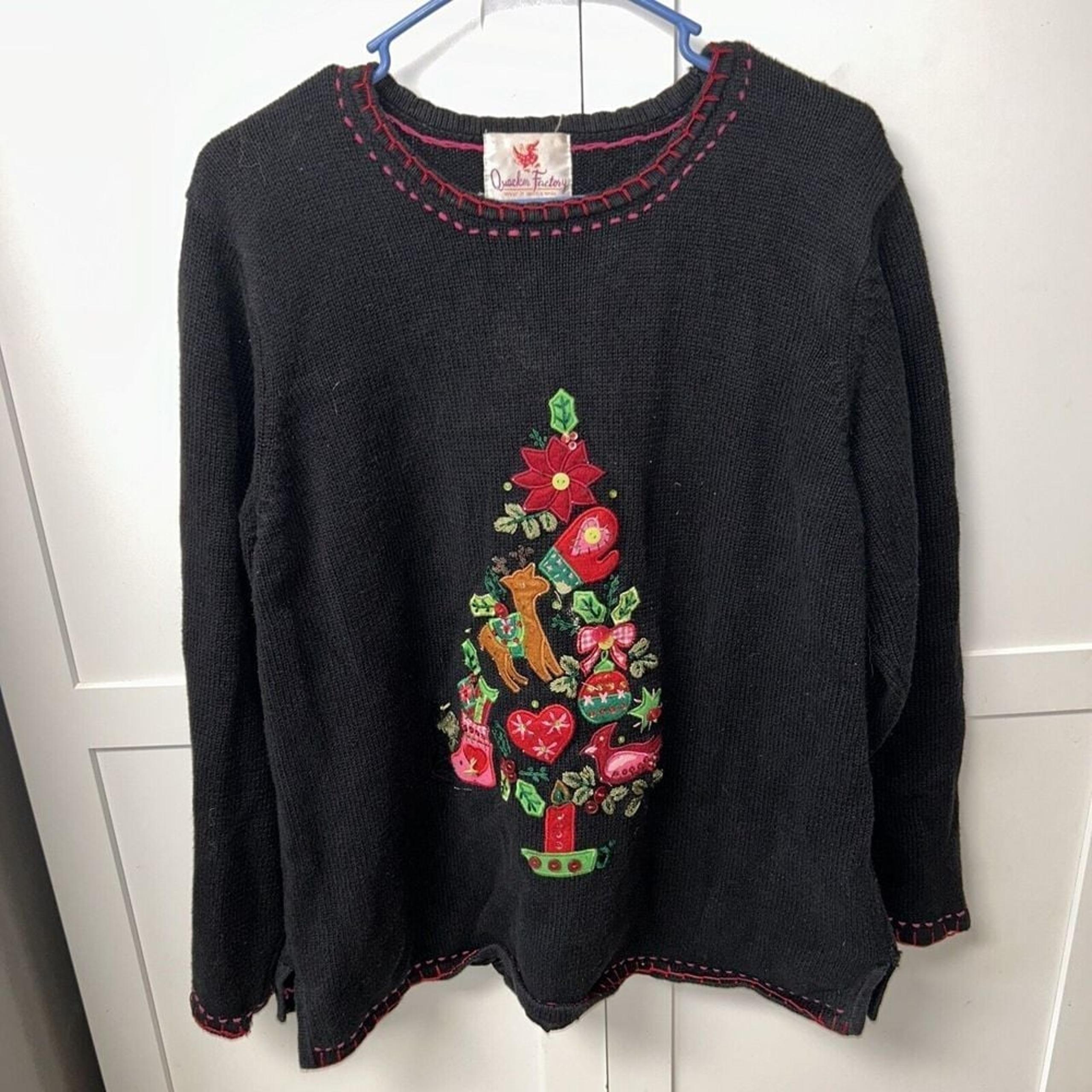 Quacker Factory Womens XL Black Knit Christmas Tree Heavy Pullover Sweater