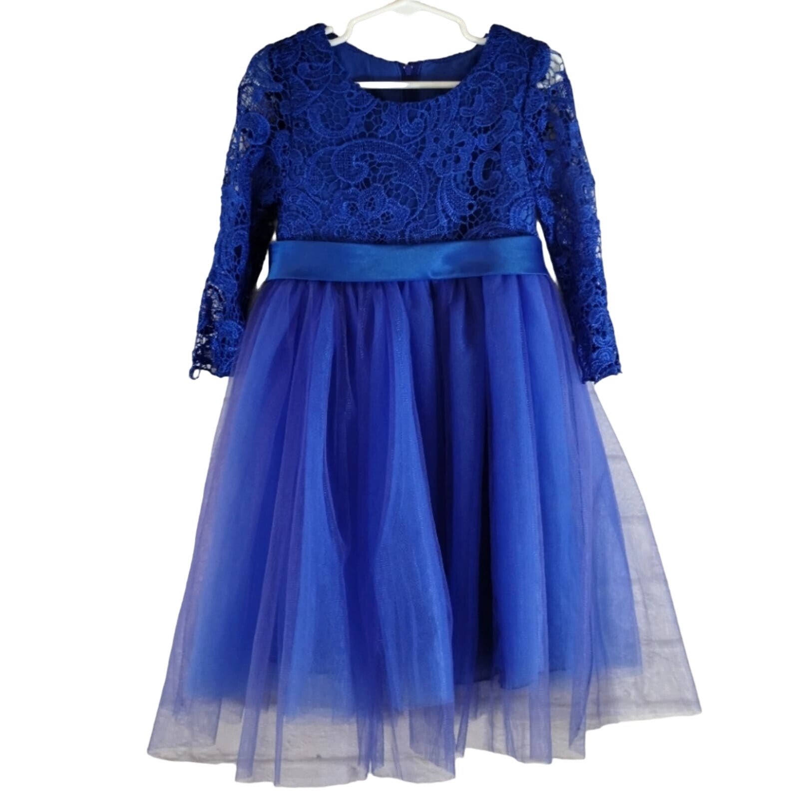 Girls Royal Blue Floral Lace Long Sleeve Tulle Party Ball Gown Formal Dress 4 5
