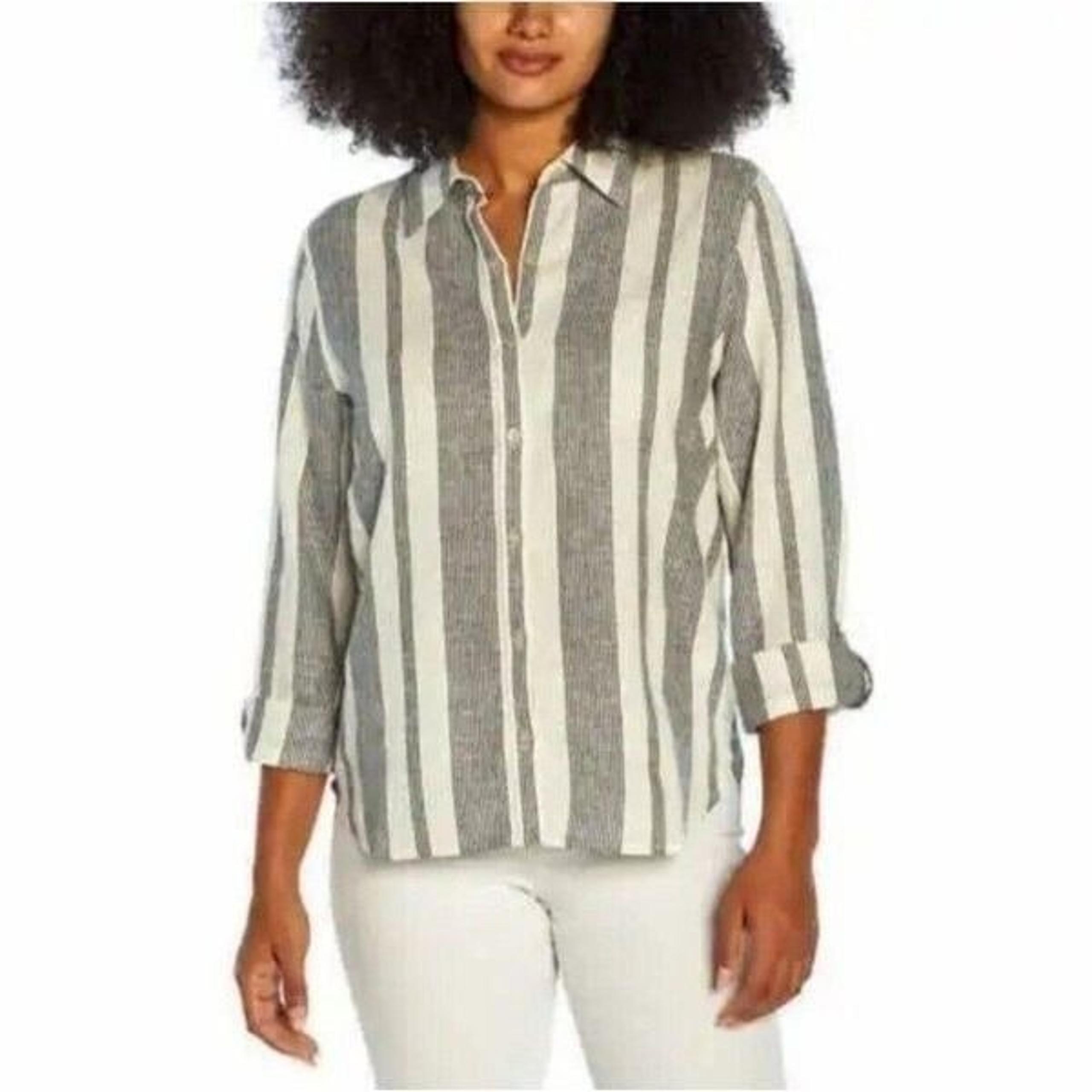 Orvis Long Sleeve Linen Blend Button-up Top Island Stripe Women's Size Large