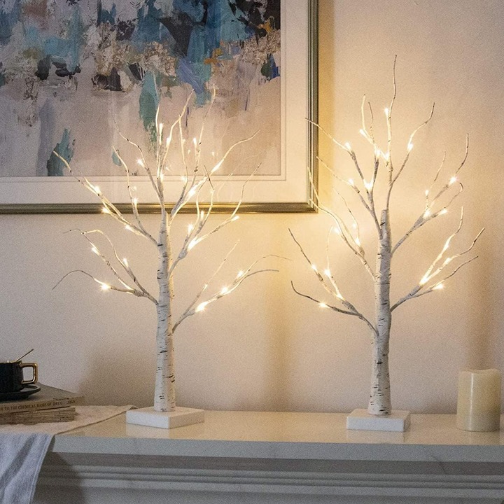 White Birch Tree with LED Lights - Set of 2, LED Tabletop Tree with Timer