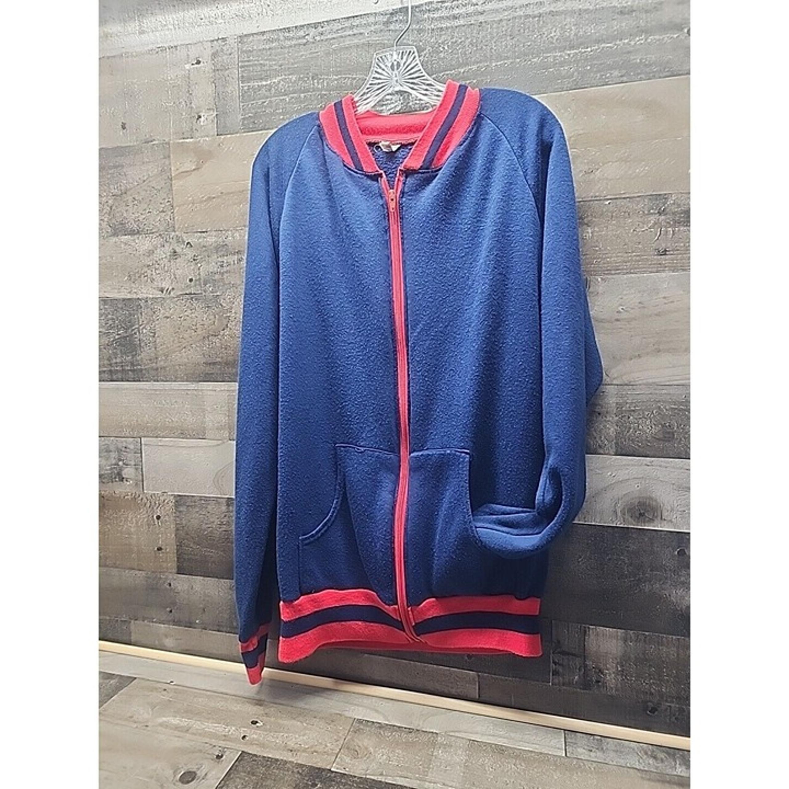 Vintage Warm-Up Jacket Navy Blue & Red Striped Trim Full Zip Front Pockets Acryl