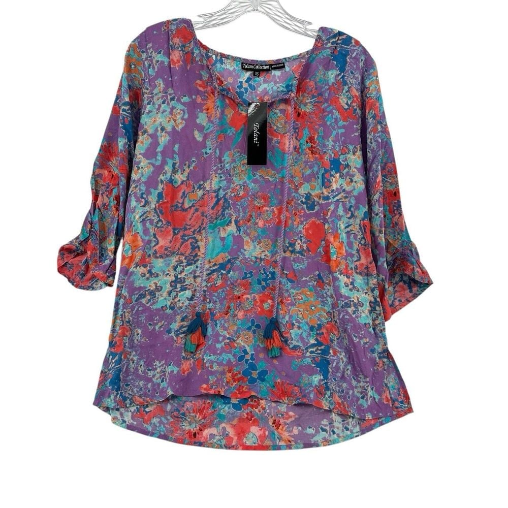Tolani Collection Edith 3/4 Sleeve Woven Top Purple Tassel Floral Women XS New