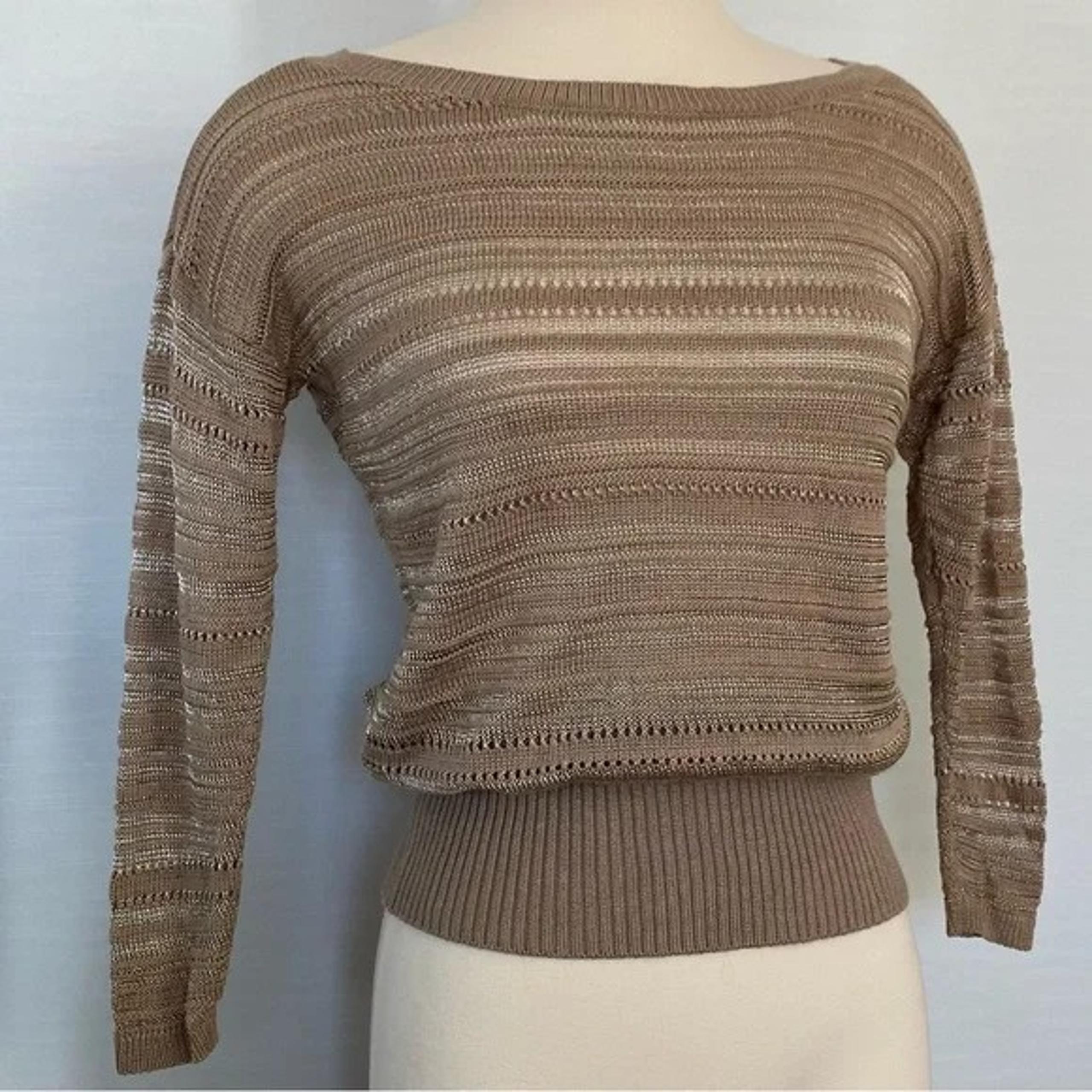 Y2K Cache Ribbed Gold Metallic Silver Tan Sweater Designer Vintage Ribbed Knit