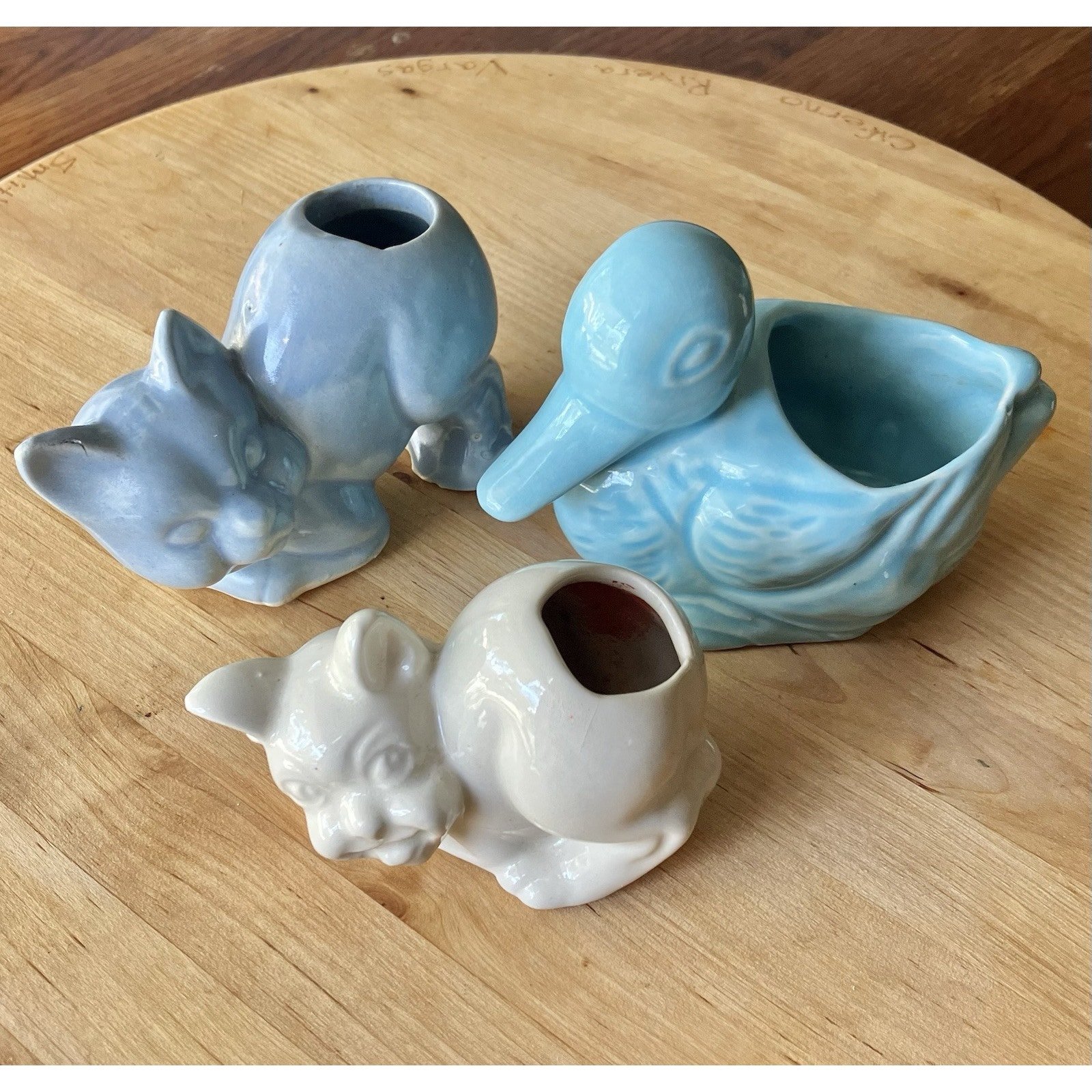 3 Vintage Pottery Vases Small Animal Planters Cat Duck Blue & White Mid Century