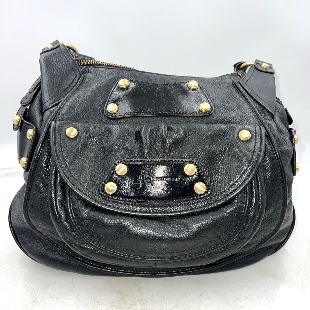 B. Makowsky Black Pebbled & Patent Leather Double Handled Satchel/ Gold Tone