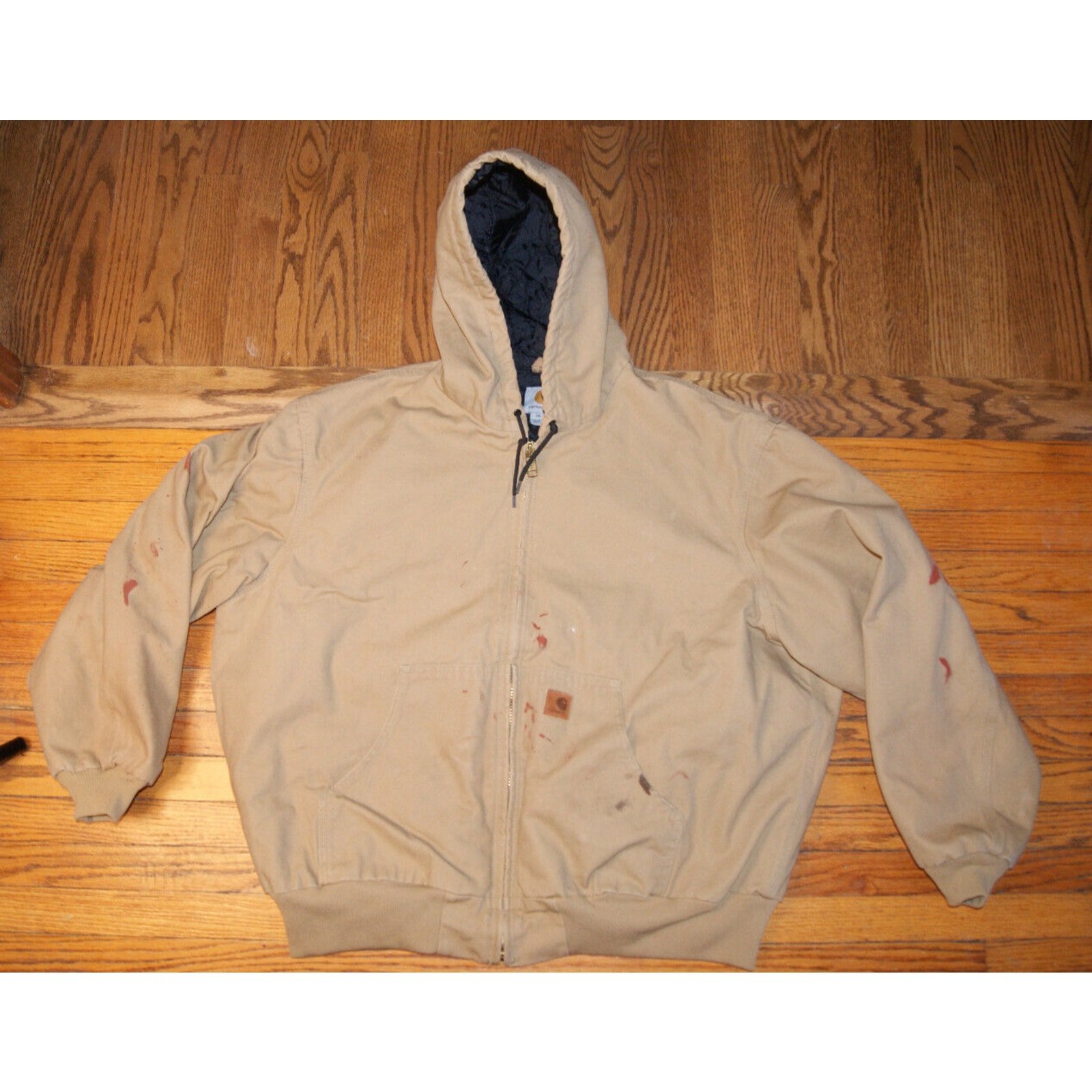 Carhartt Hooded Jacket J280 RN#14806 Tan 2XL Duck Quilt Lined Paint Stains