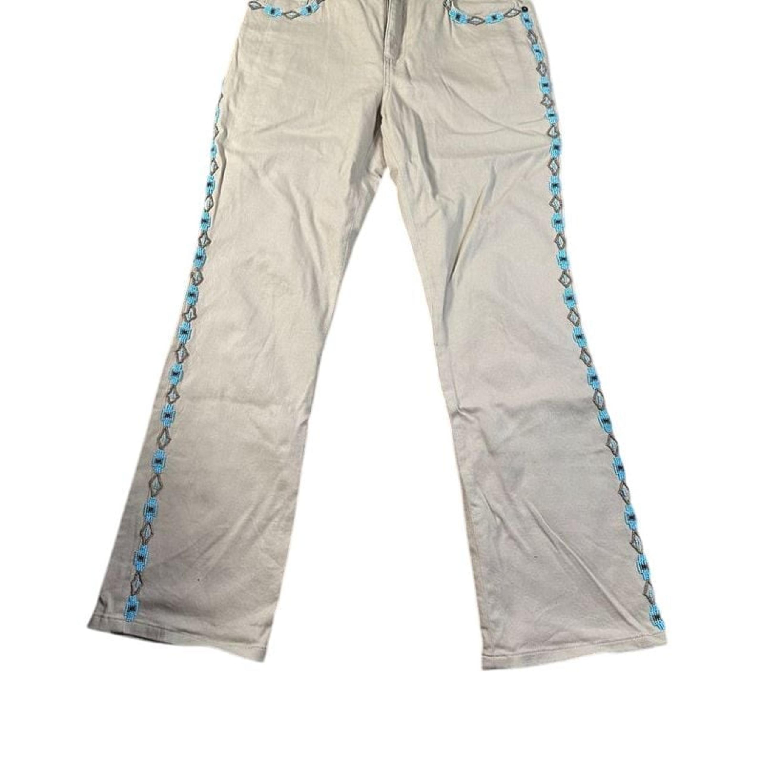 Ralph Lauren Southwestern Embroidered Khaki Pants Turquoise Aztec Side Detail