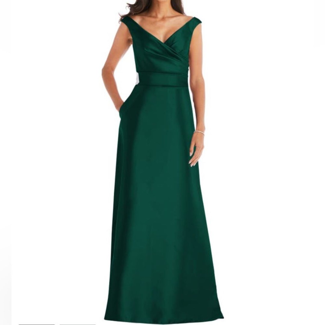 Alfred Sung Off the Shoulder Satin Gown Plus Size 16 Women In Hunter Bridesmaid