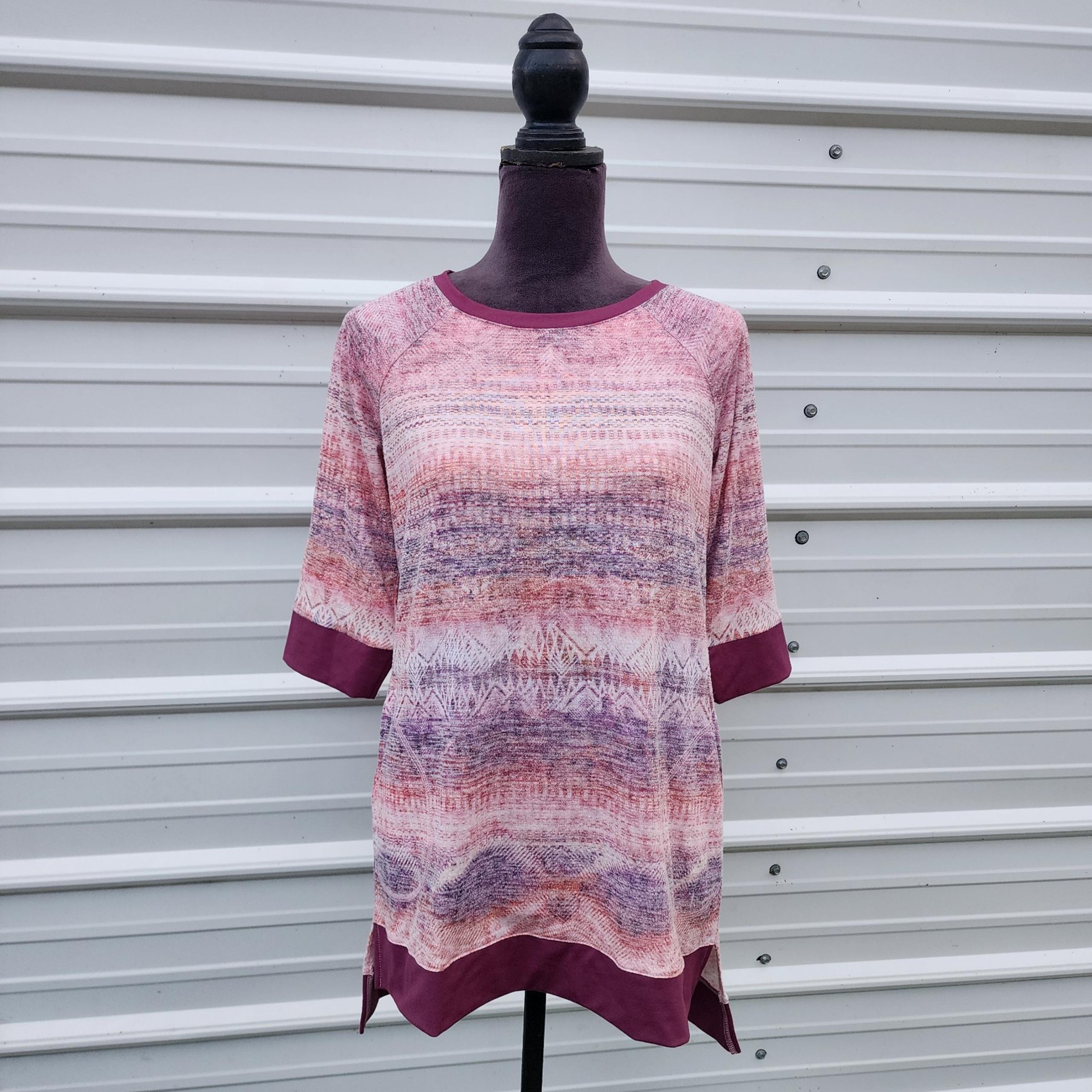 One World Pink Burgundy 3/4 Sleeve Boho Tunic Top Knit Stretch Sz M

Q28