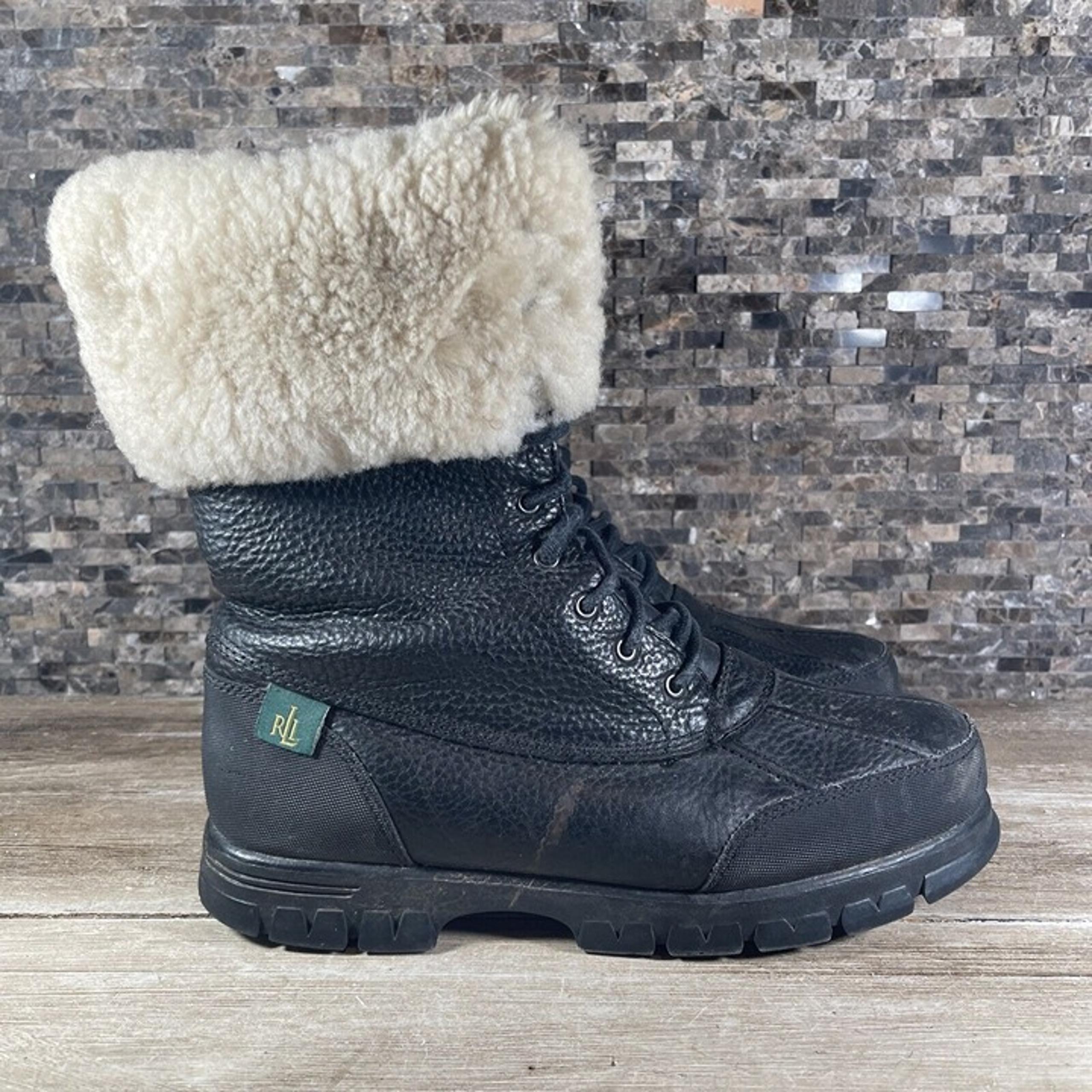 Ralph Lauren Womens Black Quinta Leather Real Fur Shearling Sheep Trim Boots 8B