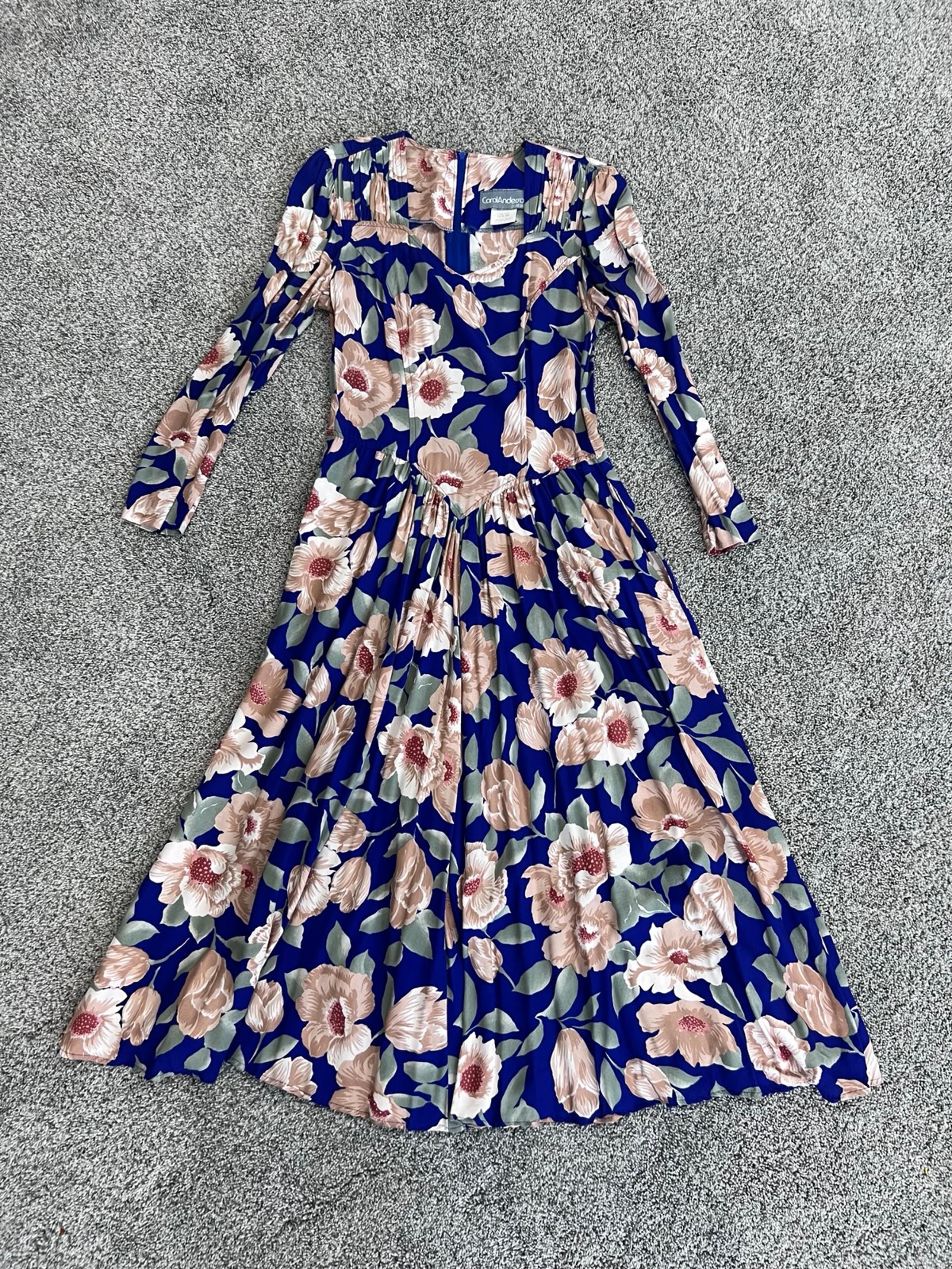 Vintage Carol Anderson Blue Colorful Floral Drop Waist Maxi Dress FS Size 5/6