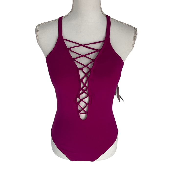 La Blanca Women's Island Goddess High Neck Lace Front One Piece Swimsuit 6DD New