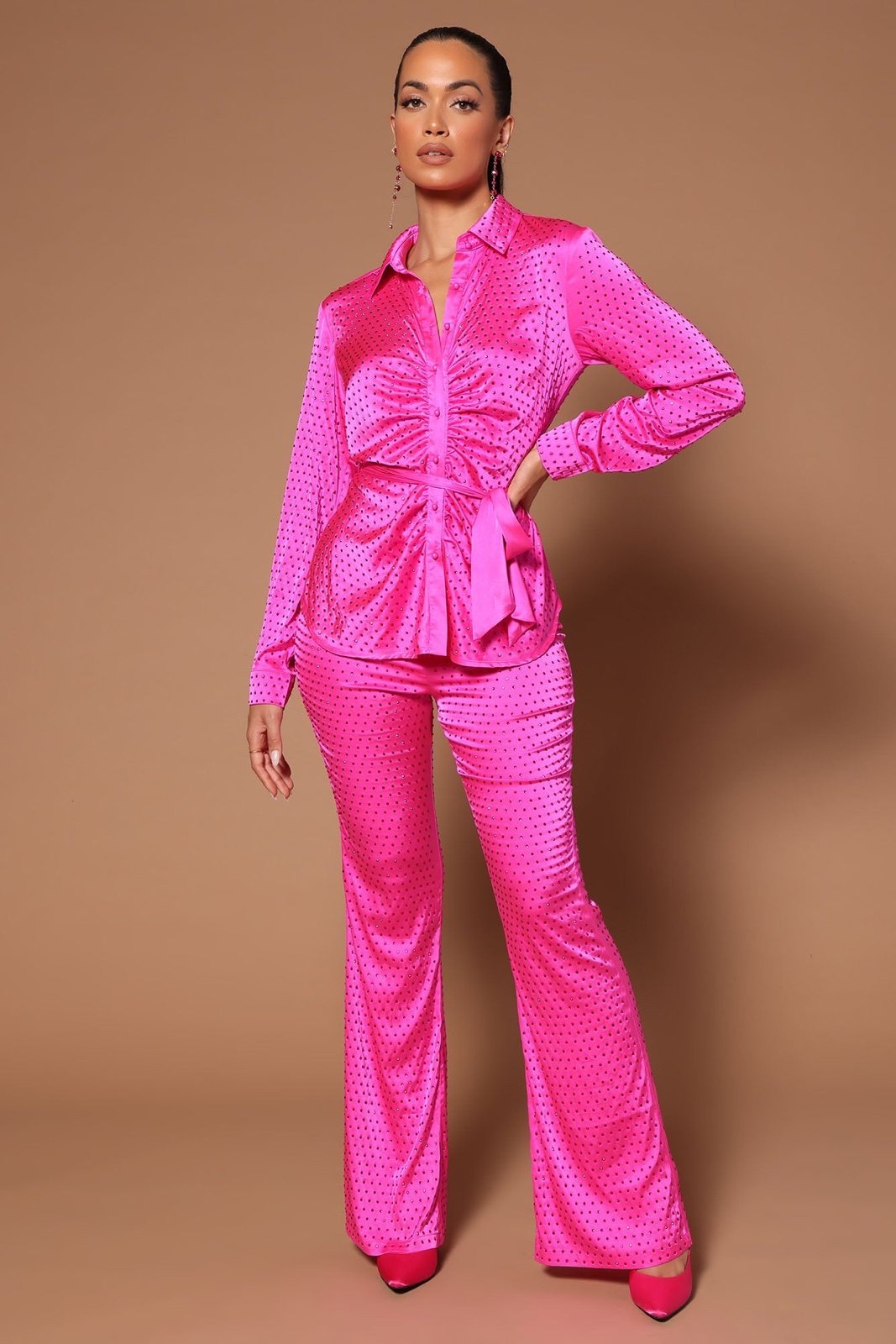 Fashion nova pink satin embellished pant set XS