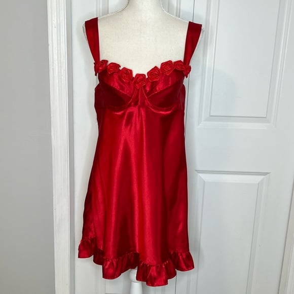 Frederick’s of Hollywood Vintage Red Satin Rosette Corset Slip Lingerie Large