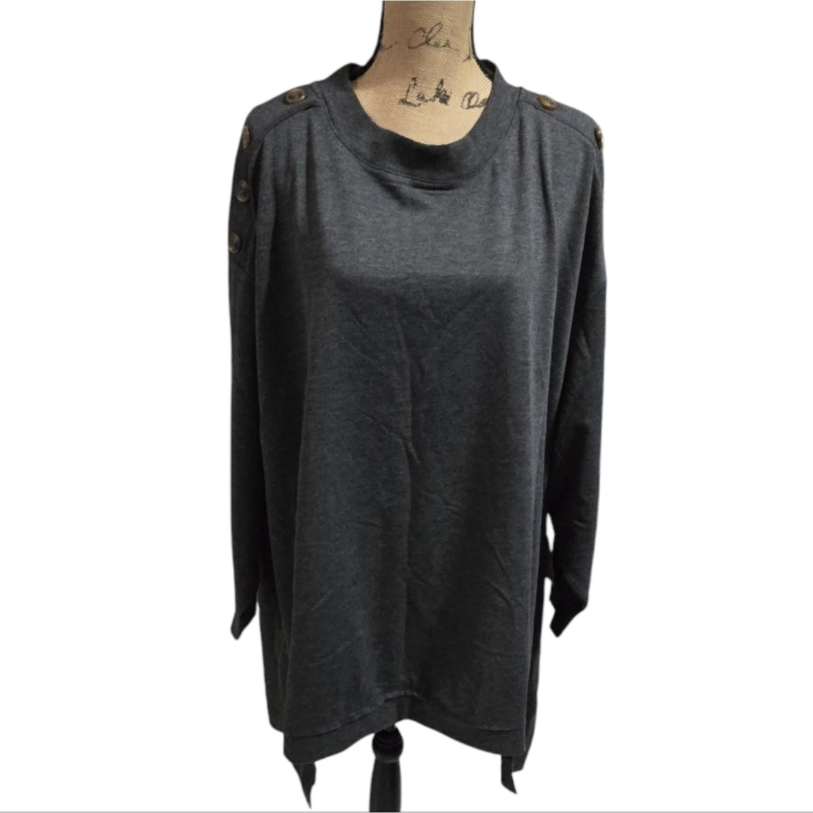 Sweatshirt Project Cozy Gray High Low Button-Shoulder Top Plus Size 2X 3X New