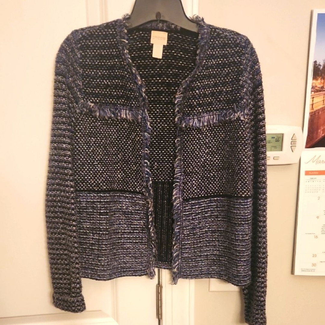 Chico's Vintage Dark Blue Open Front Cardigan Blazer Tweed Size 0 US 4
