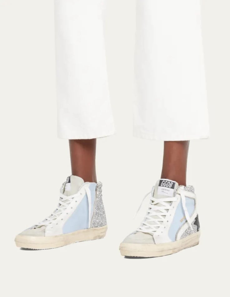 Golden Goose Slide Leather Glitter Mid-Top Sneakers.