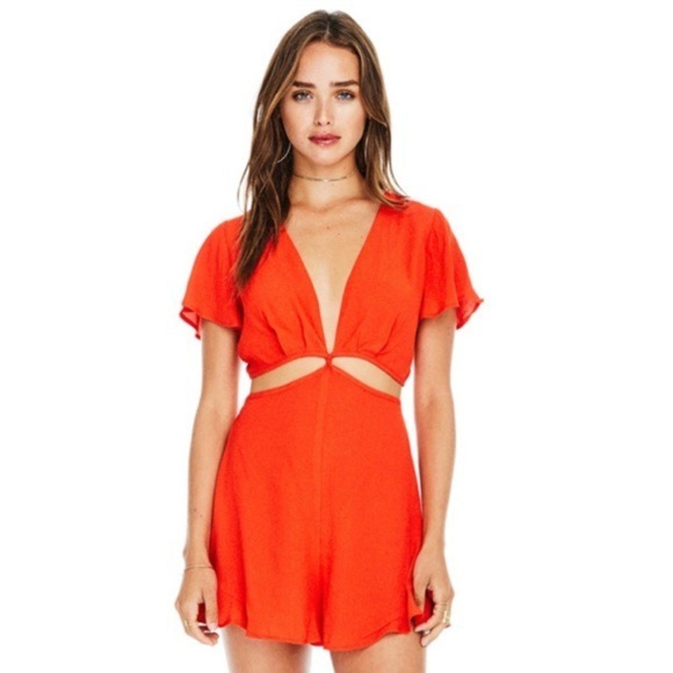 ASTR Viviana Cut Out Romper Red Hot Jumpsuit Playsuit Flutter Ruffle Revolve XS