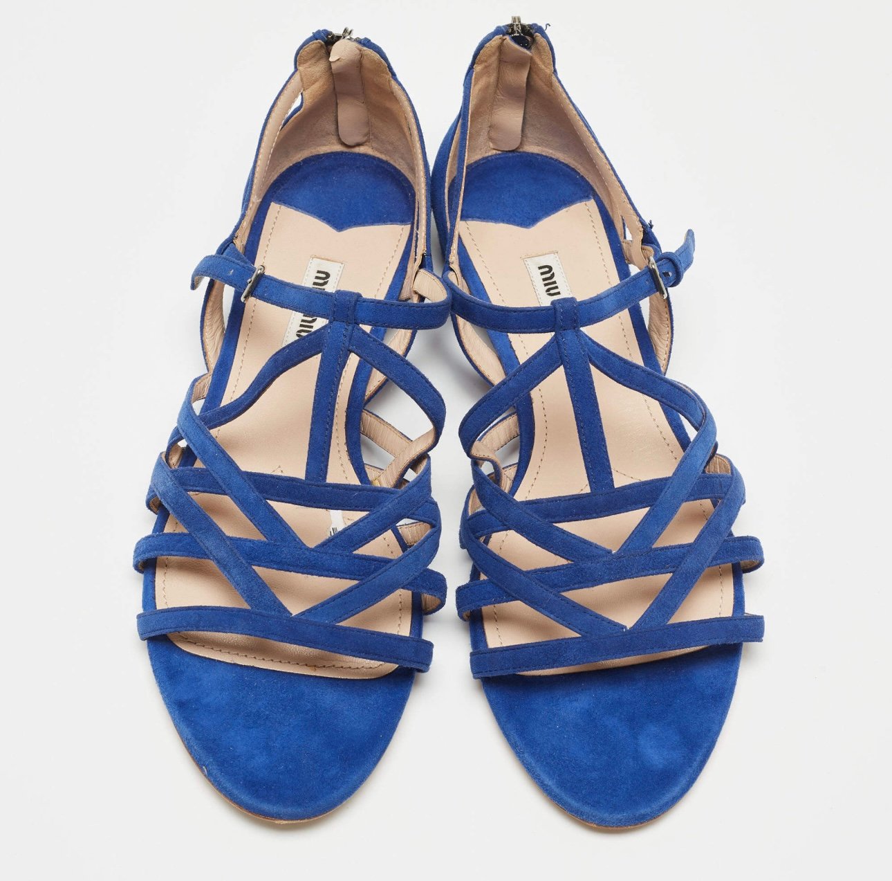 Miu Miu Blue Suede Buckle Detail Strappy Flat Sandals Size 36.5 NWOT