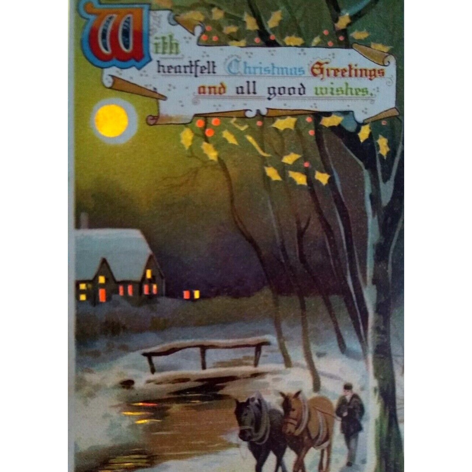 Hold To Light Christmas Postcard Horses Snow Village 031 Milton Germany HTL