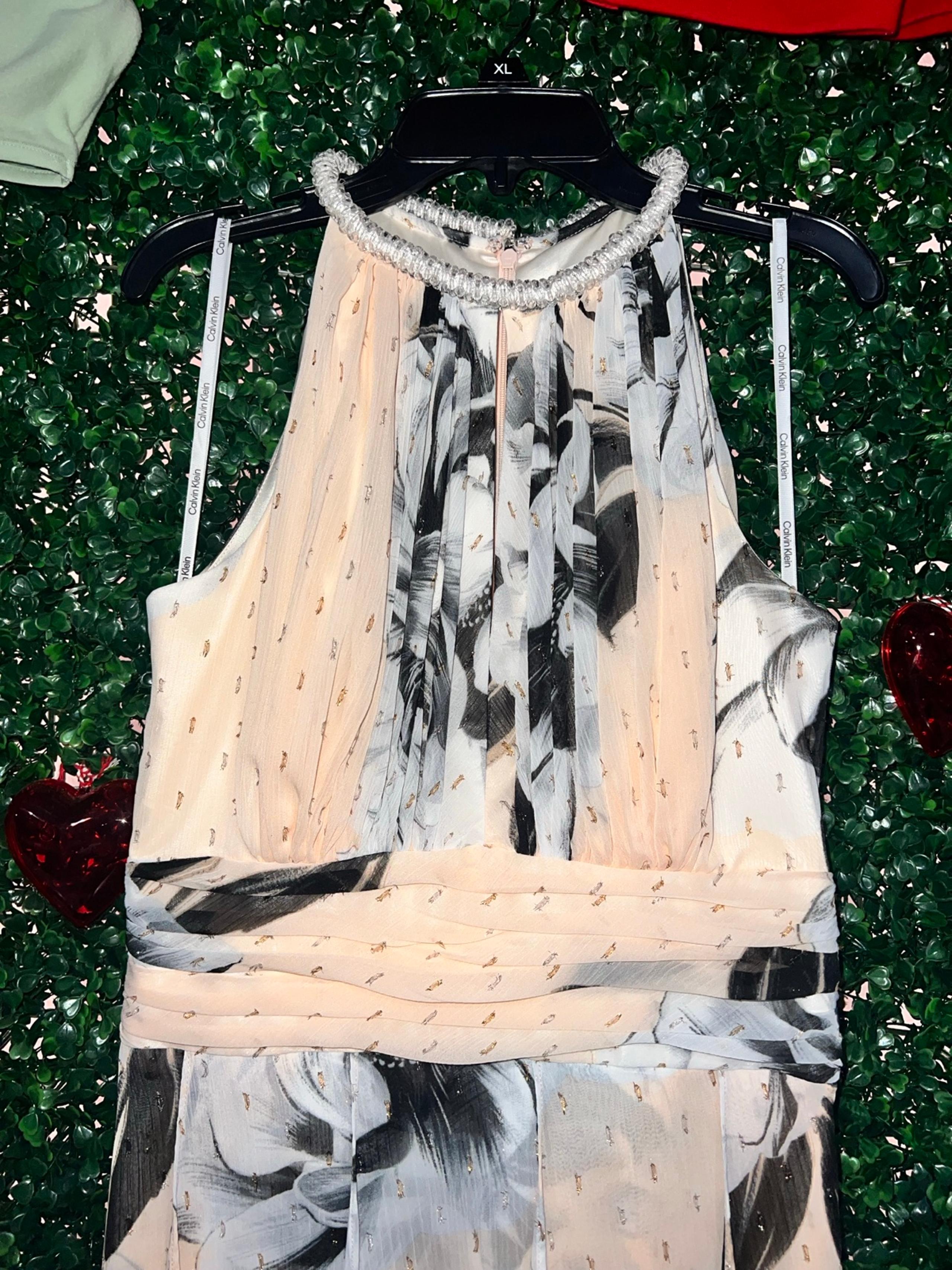 New Women’s Calvin Klein Metallic-Embroidered Floral-Print Maxi Dress