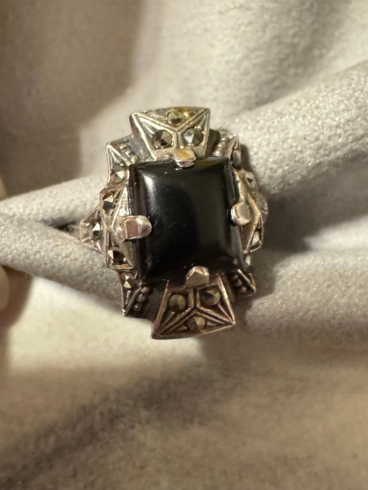 Vintage Sterling Silver Onyx and Marcasite Ring