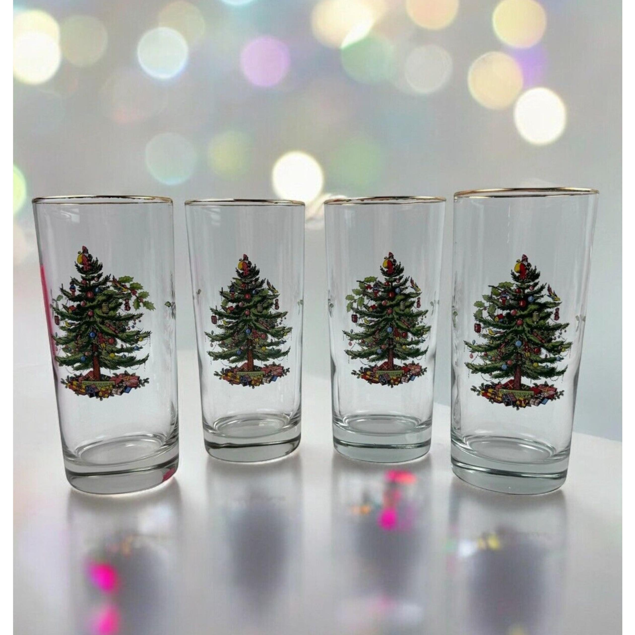 Spode Christmas Tree Highball 6” Glasses 4pc Gold Rim 15 Oz Tumblers Set