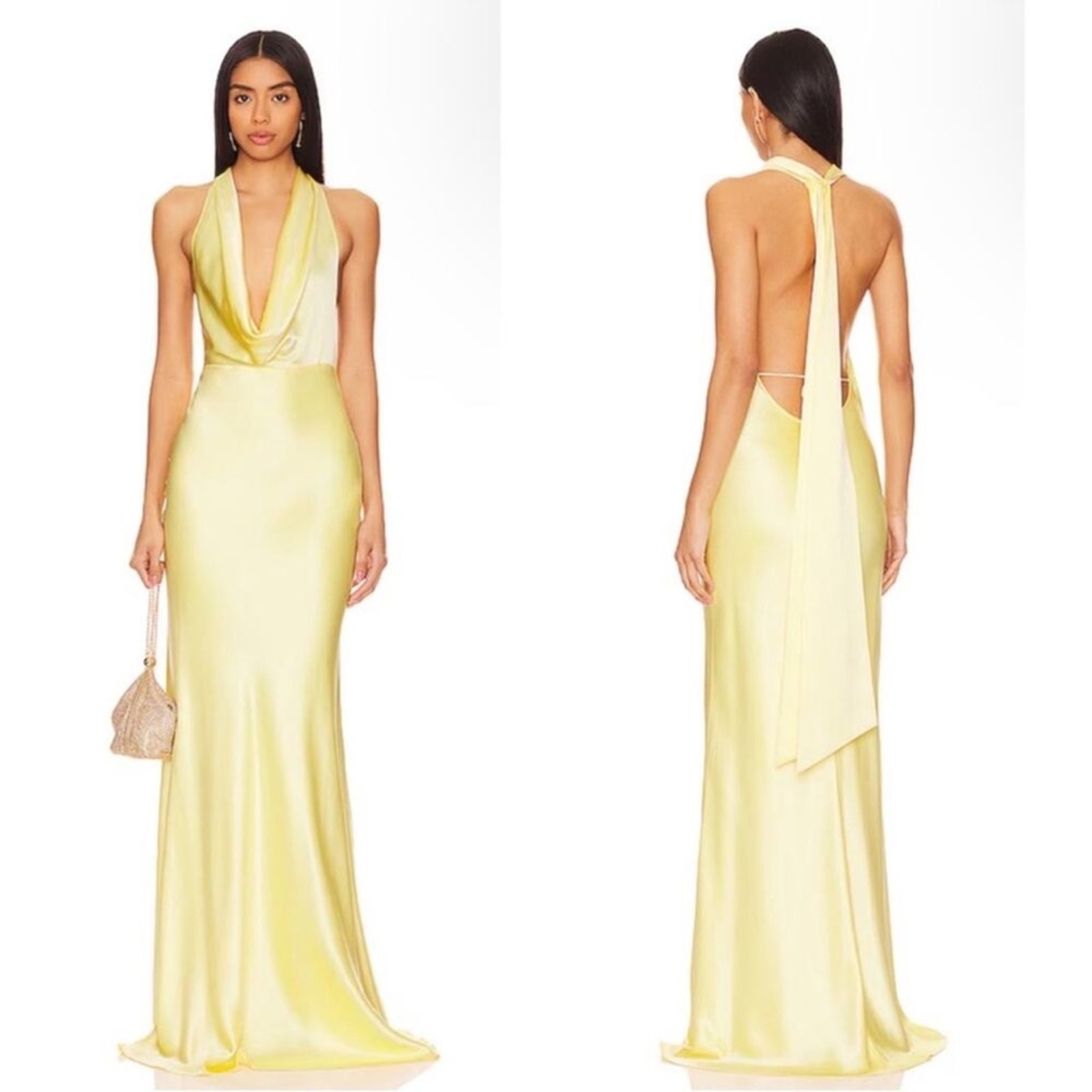 Sau Lee Pearl Popcorn Yellow Cowl Neck Maxi Gown Size 2