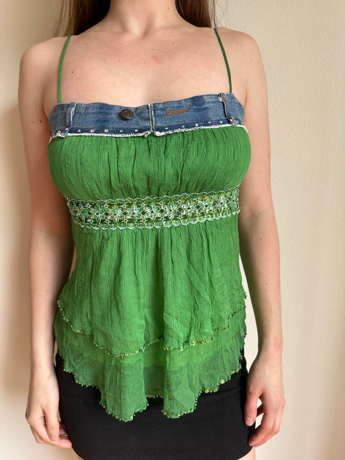 Denim Button Detail Green Beaded Layer Cami Top